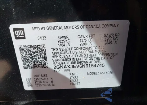 2022 Chevrolet Equinox Fwd 2Fl z USA, uszkodzony, nr VIN 2GNAXJEV6N6154745